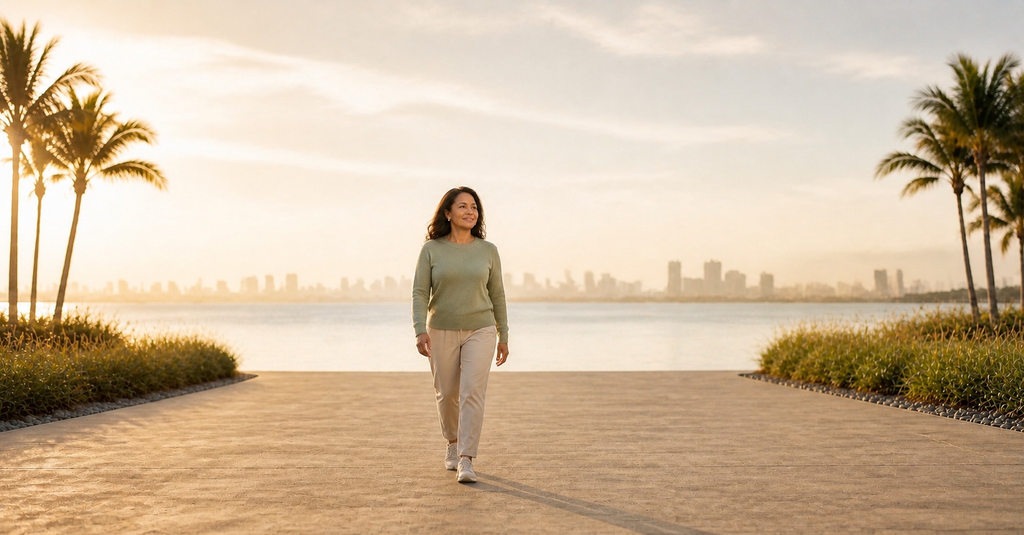 A woman walking along a waterfront path in warm morning light.